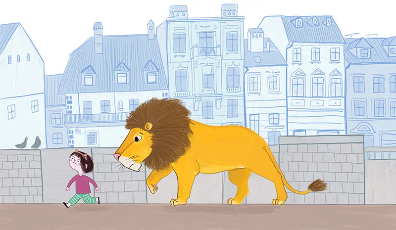Whimsical illustration of a lion following a girl through the city for a children's book
